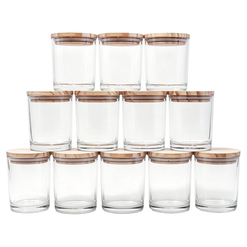 Candle Supplies Glass Jars - ABVG製、キャンドル作りに最適な厚手のキャンドルジャー（12個入り）、7オンスの空容器、木製の蓋付き、透明なサンプル保管用。