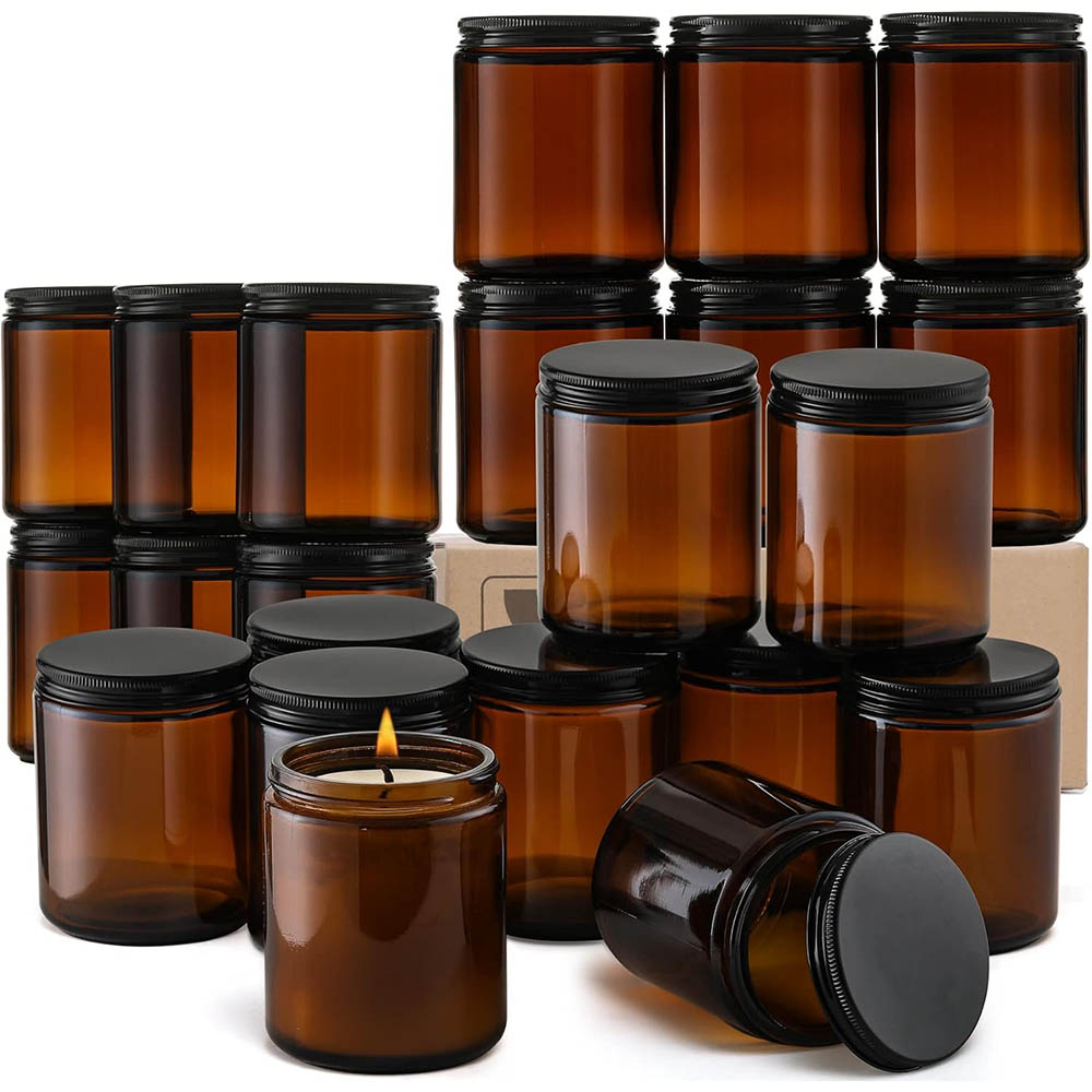 Candle Supplies Glass Jars - 8オンスの琥珀色ガラス瓶（黒蓋付き）- キャンドル作り、食品保存、缶詰、スパイス、液体用