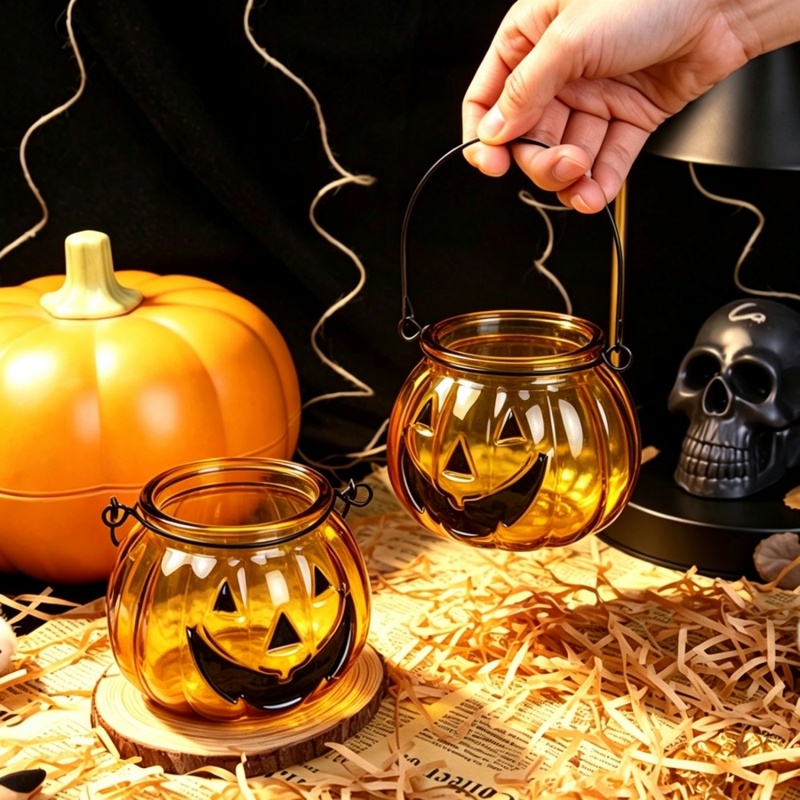 Candle Supplies Glass Jars - ハロウィン用パンプキンガラスキャンドルホルダー（金属製ハンドル付き）1個、パーティーギフト、テーブルデコレーション、家の窓飾りに最適