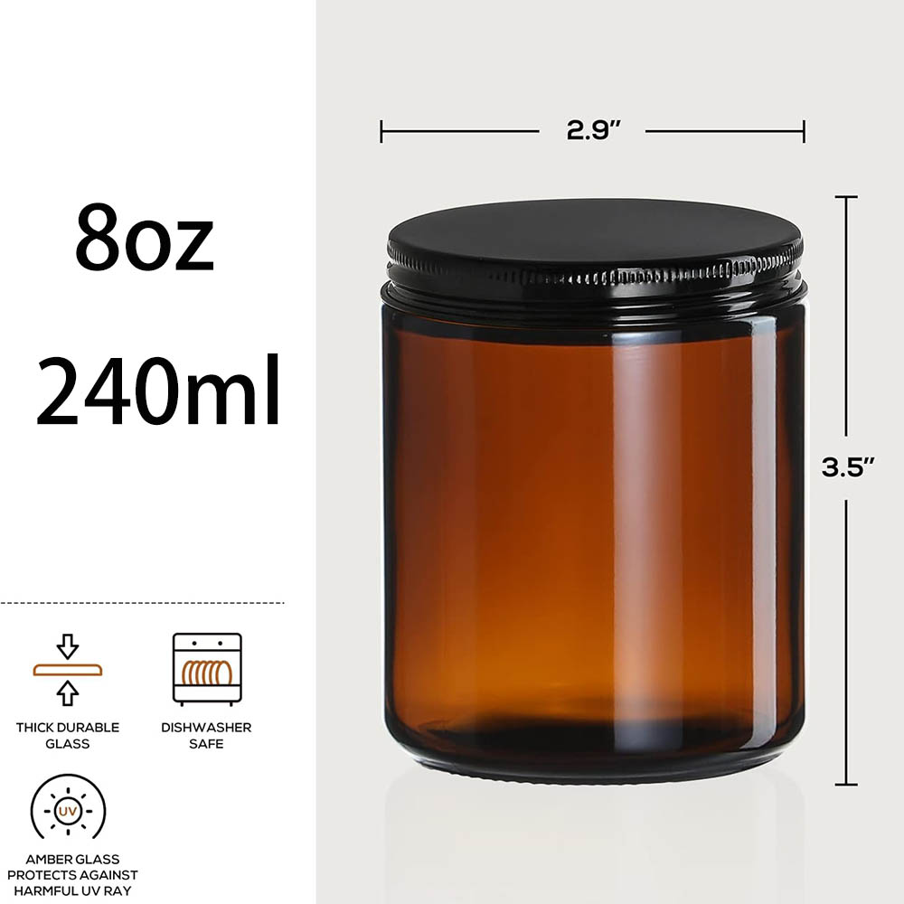 8オンスの琥珀色ガラス瓶（黒蓋付き）- キャンドル作り、食品 - Candle Supplies Glass Jars のレビューと価格