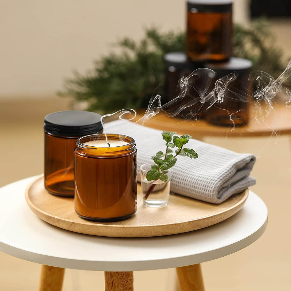 8オンスの琥珀色ガラス瓶（黒蓋付き）- キャンドル作り、食品 - Candle Supplies Glass Jars のレビューと価格