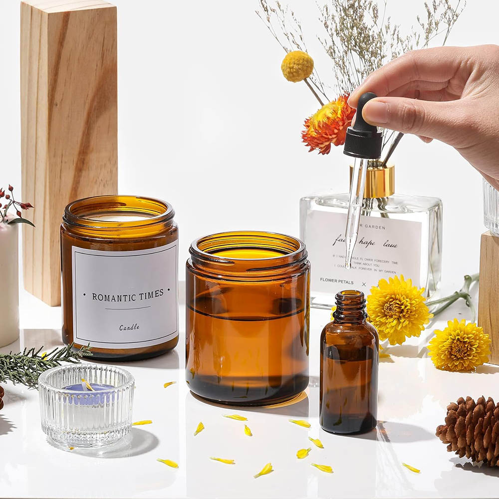 8オンスの琥珀色ガラス瓶（黒蓋付き）- キャンドル作り、食品 - Candle Supplies Glass Jars のレビューと価格
